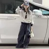 Conjunto de Moletom com Gola Polo Estilo Coreano para Meninas 2026 Primavera/Outono Nova Roupa Infantil Calças de Trabalho para Crianças Médias a Grandes Conjunto de Duas Peças