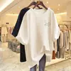Camiseta bege de algodão puro para verão, comprimento médio, gola redonda, textura, manga curta, para mulheres, novo top de verão estilo europeu, ins