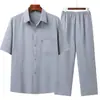 Traje Tang Masculino para Homens de Meia-Idade e Idosos Verão 2025 Manga Curta Estilo Chinês Botão Frontal Conjunto de Traje Tang para Pai e Avô Hanfu