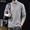 Camiseta de Manga Larga para Hombre de Peso Pesado 340g, Cuello Semi Alto, Otoño, Holgada, Tallas Grandes, Sencilla, Casual, Prenda Base