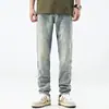 Jeans de Sarja Lavada Vintage Tendência de Alto Padrão 2026 para Homens, Calças de Corte Reto Listradas em Azul Nostálgico Claro