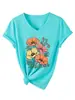 Camiseta de manga corta con cuello en V, elegante, para mujer, con cuatro flores rosas y amarillas, adecuada para comercio exterior