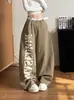 Jeans Retro Americano Caqui con Estampado de Letras y Forma de Cimitarra para Mujer, Corte Holgado, Estilo Perezoso, Pantalones de Pierna Ancha