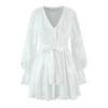 Ropa de Mujer de Comercio Exterior 2025 Otoño Estilo Europeo y Americano Cuello en V Cintura Plisada Manga Linterna Vestido con Volantes para Mujer M11651F