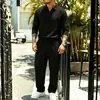 2026 Comercio Exterior Transfronterizo Europeo y Americano Nuevo Traje Casual Holgado de Color Sólido para Hombre con Cuello Campana, Manga Larga y Pantalones Largos de Lino