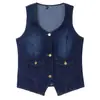Tiro Real del Nuevo Estilo de Verano Top Sexy de Mezclilla Elástica Lavada Azul Profundo para Mujer, Ajuste Delgado, con Bolsillos, Chaleco