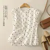 2026 Nueva Camisa de Algodón y Lino con Puntos Tejidos de Color Vintage para Mujer, Elegante Blusa con Cuello Volante, Top de Verano de Manga Corta