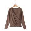 Runtqi Tamanho Grande Sobreposto Decote V Plissado Único Chique Blusa Atacado 8778 Outono Feminino Sensual Manga Longa