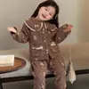 Pijama Infantil de Coral Fleece Otoño/Invierno Estilo Niñas Dulce Floral Cardigan Ropa de Casa Solapa Grande Encaje Conjunto Cálido