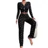 Pijama con Explosiones Transfronterizas Conjunto Casual Sexy Europeo y Americano Solapa Dobladillo Manga Larga Pantalones Ropa para el Hogar Conjunto de Dos Piezas para Mujer