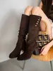 2026 Novo Estilo Botas Empilhadas Franzidas Usáveis de Duas Formas Dobráveis Botas Marrons de Cano Alto Salto Grosso Solado Grosso Não Acima do Joelho Botas de Equitação