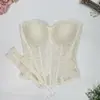 Top modelador luxuoso com base de malha de renda de alta densidade para mulheres, com lantejoulas brilhantes, suporte para afinar a cintura e espartilho com barbatanas francesas