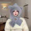 Conjunto de chapéu e cachecol de urso para mulheres, outono e inverno, forrado com fleece, quente, protege as orelhas, de pelúcia, à prova de frio, estilo coreano, doce e fofo