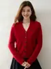 Cardigã de tricô de cashmere moderno estilo francês para mulheres, com design de fio pontilhado, decote V, corte solto, efeito emagrecedor e mangas compridas