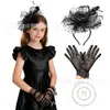 Bestseller transfronterizo guantes de encaje de princesa para niños, tocado de malla con plumas, sombrero para festival de carreras de caballos, set de tocados para fiesta