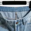 Foto Real de Jeans Azules Claros con Corte de Guadaña para Mujer, Primavera y Otoño, Tallas Grandes, Versión Estrecha, Pantalones Anchos Rectos Holgados con Corte de Guadaña, Largo hasta el Suelo, Algodón