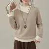 Diseño estilo coreano con colores contrastantes, suéter de punto para mujer con cuello camisero, nuevo top de manga larga para otoño e invierno