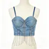Bustier jeans europeu e americano de estilo de rua transfronteiriço com strass de miçangas, franjas, bojos moldados embutidos, estilo espartilho e comprimento cropped