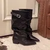 Botas altas de punta fina con tacón grueso apilado estilo europeo y americano Chuyuji para mujer, modelo nuevo 2026, botines por debajo de la rodilla, botas de montar de tubo alto