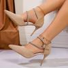 2025 Nuevo Estilo de Verano Negro Elegantes Tacones Altos Punta Afilada Correa con Hebilla de Pedrería Zapatos de Punta de Aguja