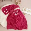 Conjunto de Toalha de Rosto e Toalha de Banho Ursinho Morango para Crianças, Conjunto Fofo de Toucas de Secar Cabelo de Coral Fleece Desenho Animado, Saia de Banho Atacado