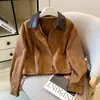 Nueva chaqueta fina de ante de otoño con cuello de piel, estilo corto, top para mujer, holgado y elegante, talla única
