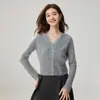 Cardigan de Punto de Cachemira con Parches de Encaje de Cuello V Clásico Estilo Francés Suave Ropa Exterior Holgada para Mujer Nuevo en Otoño/Invierno