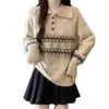 Suéter de Punto Jacquard con Cuello Solapa, Nuevo Estilo Otoño/Invierno 2026, con Patrón Fair Isle, Top Casual de Corte Holgado