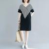 Falda de estilo coreano de longitud media con costuras a rayas de manga corta que cubre el vientre, vestido adelgazante de talla grande, suelto, informal, con cuello en V, para mujer.