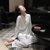 Pijama de Pareja para Mujer de Verano de Seda de Hielo Seda Manga Larga Plateado Traje Simple Primavera y Otoño Estilo Lujo Accesible Ropa Cómoda para el Hogar