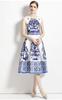 Ropa de mujer de estación europea, verano 2023, nuevo, elegante, temperamento, vestido de chaleco con estampado de porcelana azul y blanca para mujer