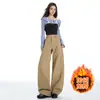 Jeans Anchos Retro Color Caqui Gruesos con Forro de Lana para Otoño e Invierno para Mujer, Pantalones Casuales Rectos Sueltos de Cintura Alta Adelgazantes, Pantalones Largos
