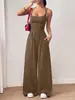 Nova macacão feminino de cor sólida transpassado no busto, casual de verão, perna larga, solto, roupas femininas, transfronteiriço europeu e americano da Amazon