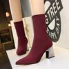 336-7 Moda Estilo Europeo y Americano Botas Simples de Mujer Tacón Grueso Tacón Alto Puntiagudas Ajustadas Sexy Club Nocturno Botas Elásticas de Lana