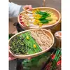 Vajilla estilo hot pot Shanhuansanshanshan, plato de tres crujientes de verduras, plato en forma de barco de hongo enoki con imitación de veta de madera