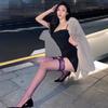 Calcetines morados de encaje hasta la rodilla medias antideslizantes perspectiva calcetines finos y sexys para mujer medias de seda pura negras