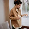 Suéter gris de estilo Old Money 100% lana con cuello semiabierto para mujer, otoño e invierno, capa interior de punto casual y suave, top de cachemira