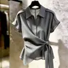Elegante camisa con cinturón 2026 verano manga corta cuello camisero corte entallado top elegante para ir al trabajo y uso versátil para mujer