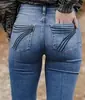 Calça jeans larga de cintura alta, com stretch, de cor azul, com bolso traseiro bordado, para mulheres, de importação.