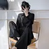 2026 Novo Pijama Feminino Primavera e Outono Seda Gelada Manga Longa Tamanho Grande Conjunto Verão Cor Sólida High-End Calça Wide Leg Roupa de Casa