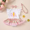 Conjunto de Cumpleaños Nuevo para Bebé Niña Verano 2026: Conjunto de Mameluco Triangular con Mangas Acampanadas, Pantalones PP y Diadema con Lazo