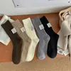 Calcetines de hilo grueso estilo japonés Harajuku para mujer, moda otoño e invierno, tela en el talón con logo, calcetines de longitud media a la pantorrilla, patrón vertical simple, color liso, calcetines de felpa