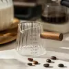 Taza pequeña de leche con mango de madera y líneas verticales, taza de extracción de café, taza medidora de café, taza de café, herramienta de espresso de vidrio con escala