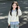 Nuevo Top de Patchwork a Rayas Estilo Coreano Energético Primavera/Otoño 2026 Moda Jeans de Dibujos Animados Lindo Conjunto de Dos Piezas