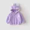 Cardigã com capuz estilo doce para primavera e outono para meninas, com tecido de fleece dupla face, bordado de coelho e design de orelhas de coelho 3D