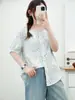 Camisa de manga corta con cuello de encaje de gasa de algodón de doble capa para mujer, estampado artístico vintage, suave, hipoalergénica, transpirable, top de algodón puro
