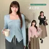 Camiseta Irregular de Manga Larga con Cuello Cuadrado que Cubre el Vientre para Mujer Talla Grande, Top Base Adelgazante de Otoño para Mujeres Talla Grande 63509