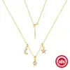 Plata de Ley S925 Exquisita Cadena para Clavícula Estrella Luna Múltiples Formas de Usar Cadena Europea y Americana Más Vendida Collar Ajustable Deslizante Incrustado con Diamantes