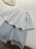 NYPP Corea del Sur Ropa Infantil Primavera y Verano Nuevo Estilo Coreano Pola Conjunto de Tres Piezas para Niñas de Punto Manga Corta Pantalones Vaqueros de Pierna Ancha 'Cortina de Culo'