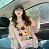 Camiseta de Algodón Puro Estilo Universitario Dibujos Animados Graffiti para Mujer Tacto de Alta Gama Encaje Floral Holgada Falsa de Dos Piezas Top Versátil